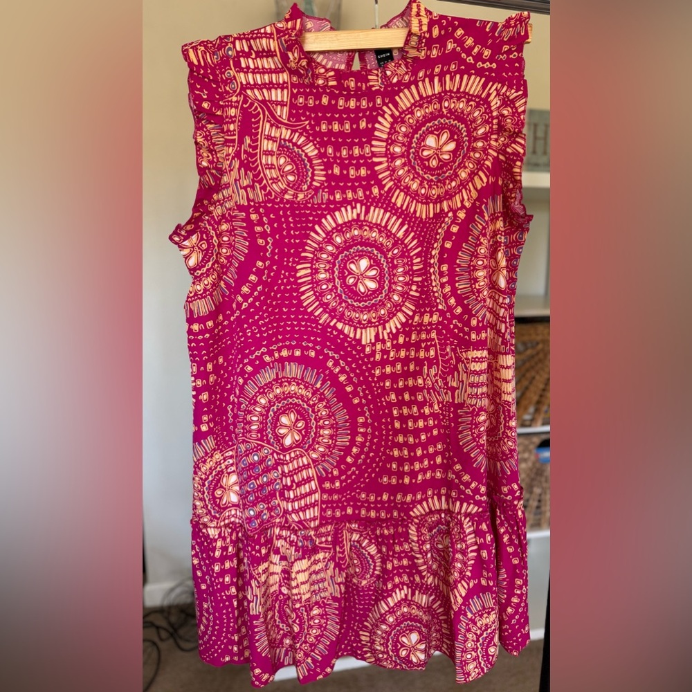 Floerns Women's Tribal Print Ruffle Trim Sleeveless Mock Neck Summer Swing Dress